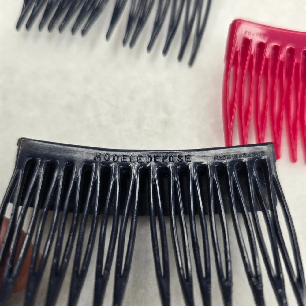 Vintage France Hair Side Tuck Combs Navy Blue Raspberry Plastic Accessory